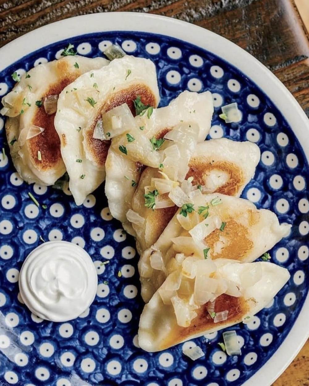 Pan-fried pierogi with onions and sour cream on blue Polish pottery