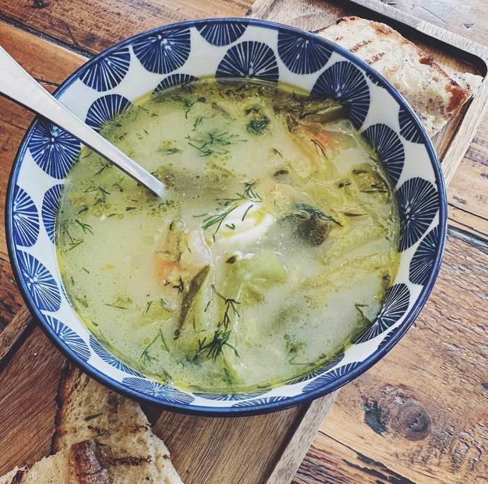 Dill pickle soup with sourdough bread